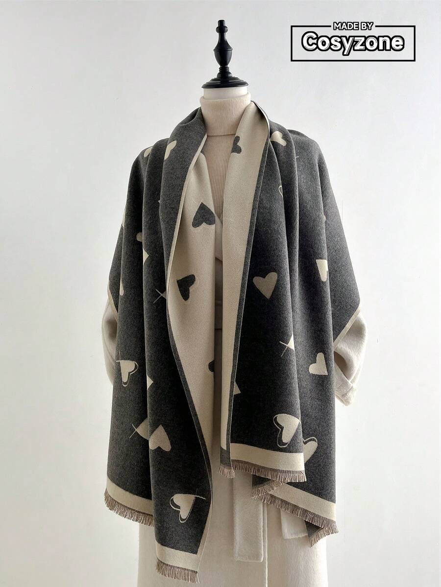1pc Faux Cashmere Minimalist Elegant Heart Pattern Jacquard Warm Scarf For Women, Air Conditioning Room Blanket, Autumn Winter Outdoor Travel Cold Protection Neck Guard Soft Decorative Scarf Shawl Dual Use Suitable For Daily Matching, First Choice Gift - Grey - View 1