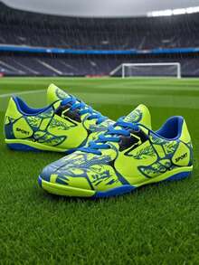 1 Pair Blue-Green Gradient Camouflage Pattern Dream Football Cleats, Studded, Fast, Anti-Slip, Hook-And-Loop Easy On/Off, Lightweight And Breathable (Asymmetrical Camouflage Pattern And Color On Upper) - Green - View 2