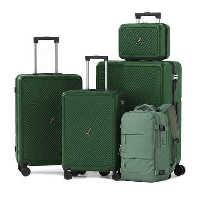 YSTYLE 5Pcs/Set Green Hardside Luggage Suitcase Set+Large Bagpack, Portable 4 ABS Suitcase With Slient Spinner Wheels, Lightweight 12/20/24/28", Travel Suitecase Set With TSA Lock