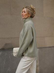 Women's Autumn/Winter High Neck Knit Sweater Loose Long Sleeve Soft Wool Sweater - Olive Green - View 3