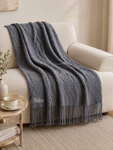 1PC Personalized Custom Name Embroidered Diamond Knit Throw Blanket With Tassel Fringe, 4 Colors Optional, Decorative Piece For Sofa Armchair Living Room, Ideal Holiday Birthday Gift For Family Members - Multicolor - View 6