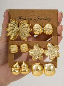 2/12PCS Fashionable Elegant Exquisite Floral Gourd Water Drop Print Square Cut Multi-Element Gold Metallic Earring Set, Suitable For Daily Wear, Gatherings And Parties - Gold - View 5