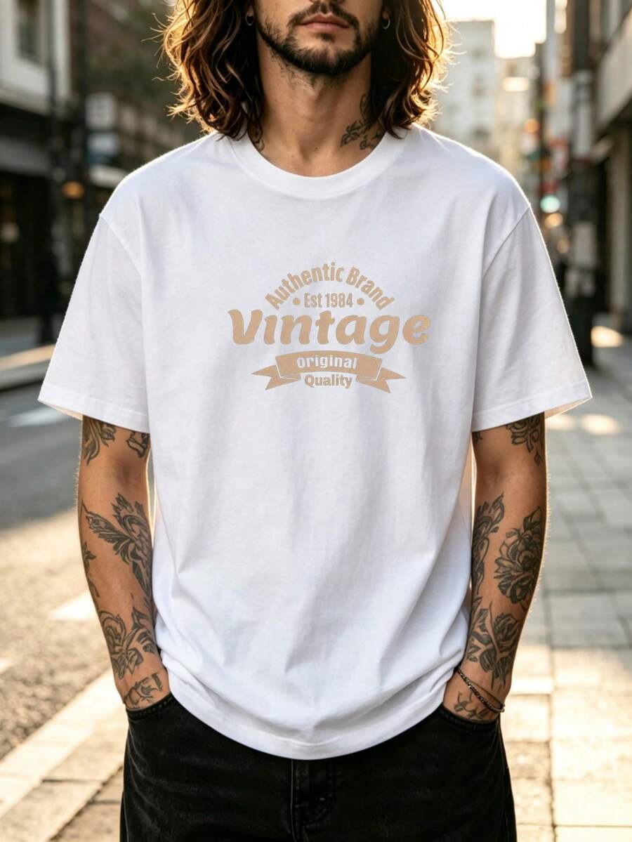 1pc Men's Vintage Distressed Letter Badge Print T-Shirt, White Crew Neck Short Sleeve Pullover, Versatile Style - Holiday Gift - White - View 1