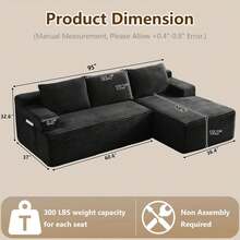 Modular 3-Seater Corduroy Sectional Sofa With Extra Large Chaise Lounge, Deep Seat Design, No Assembly Required, Ideal For Living Room & Bedroom - Black - View 8