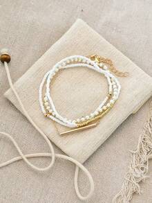 4pcs Bohemian Style Elastic Beaded Bracelets CCB Rice Beads Single Strand Bracelet Minimalist Fashion Personalized Beach Style Hand Jewelry For Women (Mixed Rice Beads, Non-Positioned) - Gold - View 5