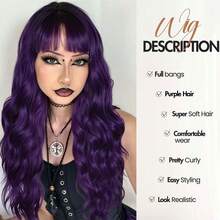 Purple Wig With Bangs Ombre With Dark Roots Heat Resistant Synthetic Wavy Curly Hair For Cosplay Women Daily Party Use 26 Inches - Purple - View 3