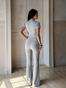 Women's Autumn Fashion Casual Solid Color Short Sleeve Top And Ruched Pants 2 Pieces Set - Grey - View 4
