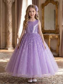 Tween Girl Purple Sequin Luxurious Dress, Fluffy Tulle Birthday/Wedding Party Formal Gown - Purple - View 6