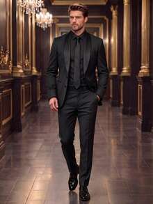 Men's 2-Piece Lightweight Suit Set, Solid Color Double-Breasted Black Blazer And Pants, Suitable For Professional Formal Wear, Office Commute, Wedding, Party, Banquet, Valentine's Day Gift - Black - View 1