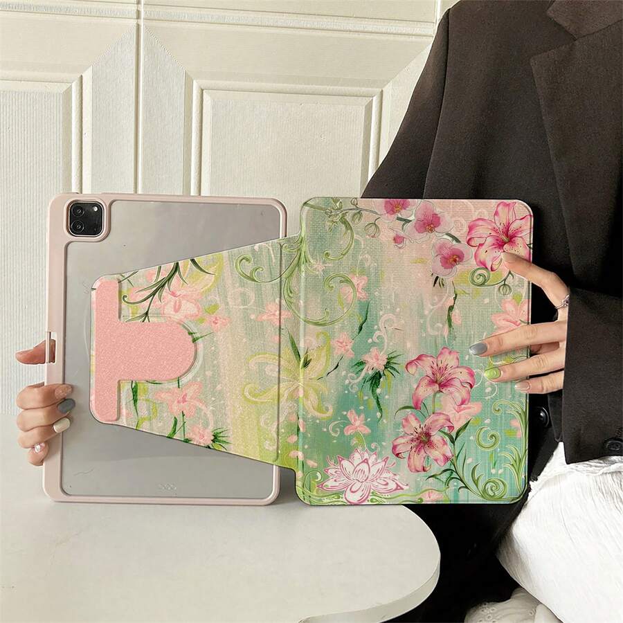 1pc Vintage Pink Lily Orchid Lotus Floral 360° Rotating Tablet Protective Case, Compatible With A16 2025, Compatible With Samsung Galaxy Tab S9 FE/S8 Plus/S7/S10, Compatible With OPPO Pad, Compatible With Huawei MatePad, Compatible With Vivo Pad, Compatible With Honor Pad, Compatible With Xiaoxin Pad