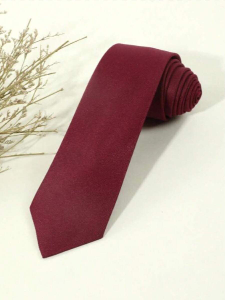 1PC Men's Solid Burgundy Horizontal Striped Lightweight Tie Suitable For Business, Banquet And Daily Wear - Burgundy - View 1