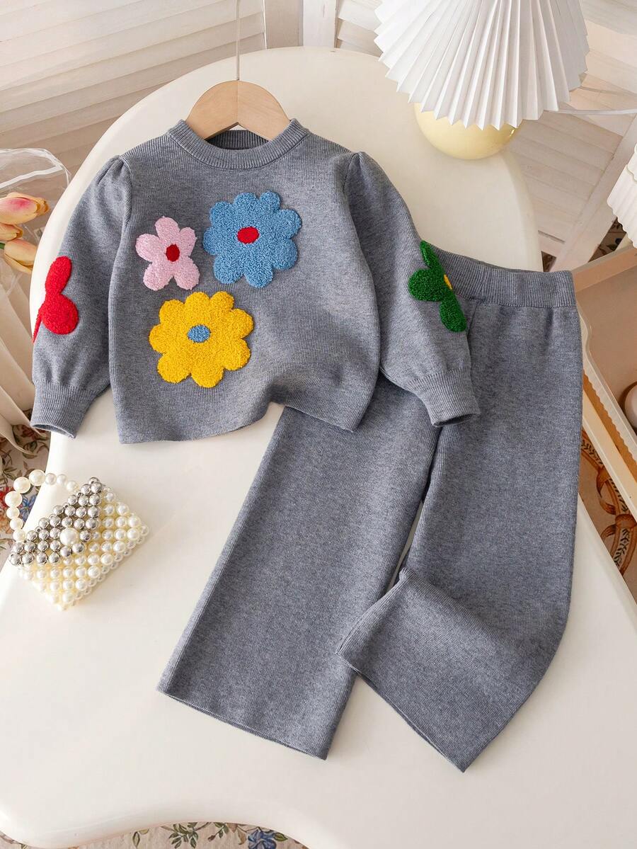 2pcs/Set 1pc Girls Cute Colorful Floral Round Neck Long Sleeve Knit Pullover Sweater And 1pc Girls Minimalist Solid Color Straight Leg Knit Pants, Suitable For Daily Casual, Vacation, Spring, Autumn, Winter - Grey - View 1