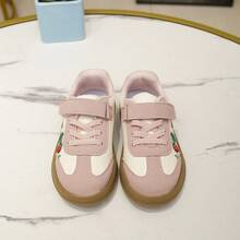 Girls' Pink And White Colorblock Training Shoes, Strawberry Embroidery Hook And Loop Retro Rubber Sole Casual Sneakers - Pink - View 8