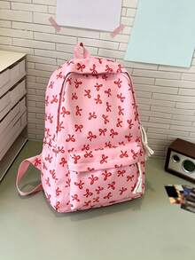 1/2pcs Bowknot Print Backpack, Pure Pink Cute Ribbon Pattern, Lightweight Polyester Fabric, Casual Sports Style, All Season, Unisex Adult, Large Capacity, Suitable For School, Office, Daily Commute And Back To School - Multiple Styles - View 15