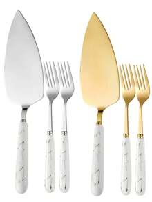 Stainless Steel Cake Serving Set With Marble Pattern Ceramic Handle, Cake Server And Fork, Elegant Baking Pizza Cutter Tool, Suitable For Wedding, Birthday, Party, Christmas, Multi-Functional Kitchen Utensils - Multicolor - View 2
