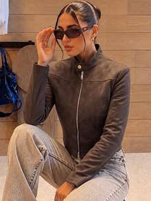 Women's Autumn/Winter Brown Faux Suede Short Motorcycle Jacket, Stand Collar Zipper For Daily Wear, Back To School Halloween And Christmas Outfits - Coffee Brown - View 6