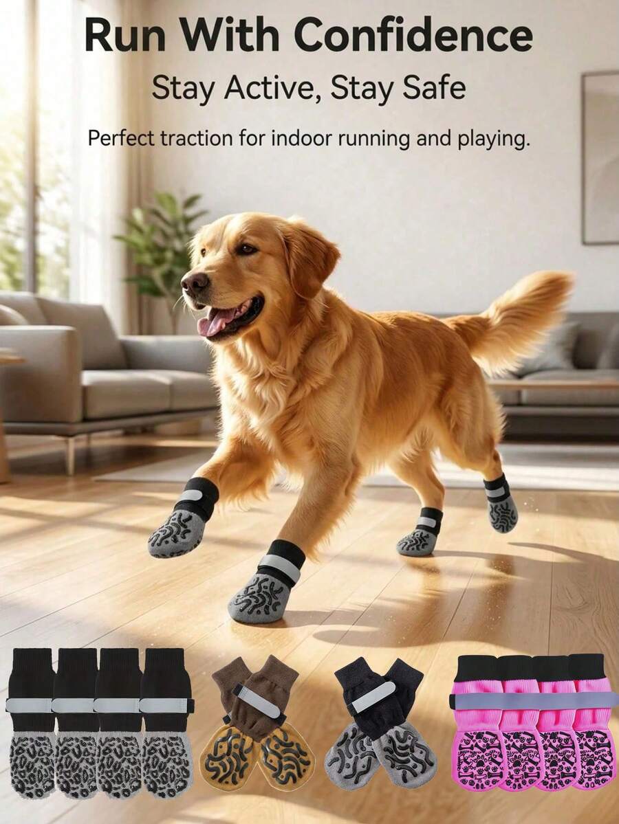 4pcs Anti-Slip Dog Socks, Double-Sided Grip Soft & Breathable, Noise-Reducing Non-Slip, For Medium To Large Dogs And Senior Dogs, Indoor Pet Socks And Leg Protection - Multicolor - View 1