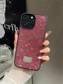 1件裝黑色鑲鑽亮面全包覆舒適握感親膚手機殼，相容 iPhone 16 - 玫瑰紅 - 查看 4