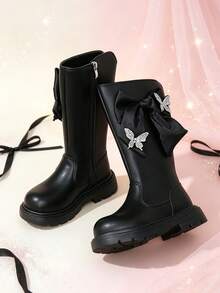 1 Pair Girls' Tall Boots, Bow & Rhinestone Butterfly Decor, Soft PU Material, Elastic Soft Sole With Inner Zipper Design, Cute Princess Style Long Riding Boots, Suitable For Daily School, Holiday Parties, Autumn/Winter New - Black - View 8