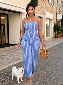 AIJ Amarilo Autumn Plus Size Casual Women's Blue Striped Bandeau Front Button Top And Wide Leg Pants 2 Pieces Set, Suitable For Party, Daily, Commute, Holiday Wear - Light Blue - View 8