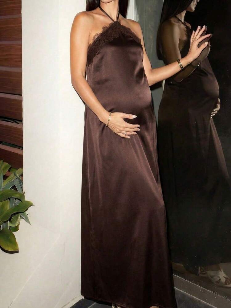 brown lace maternity dress Women's Halter Neck Maxi - Non-Stretch Long Gown, Suitable For Baby Shower, Maternity Photo Shoot And Casual Occasions Maxi length