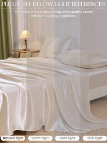 4-Piece Beige Premium Solid Color Silky Satin Bed Sheet Set, 1 Fitted Sheet & 1 Flat Sheet & 2 Pillowcases Mattress Protector Set (Pillow Inserts Not Included) - Beige - View 8