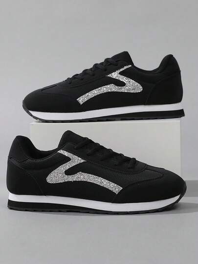 Men's Shiny Decorative Vintage Sneakers, Lace-Up Lightweight Casual Walking Shoes, Daily Fashion Flat Sports Shoes, Outdoor Fitness Shoes