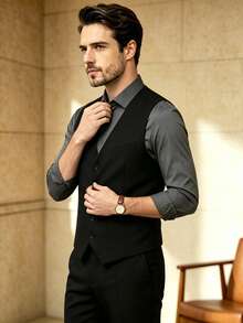 1pc Men's Casual Vest With Suit Collar, Slim Fit Solid Color Design, 4-Button, Business Banquet Outfit, All-Season Commute - Black - View 4