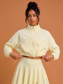 Never me Women's Yoga Stand Collar Zip-Up Batwing Sleeve Cropped Loose Fit Sports Jacket, Elastic Comfortable For Running And Workout - Yellow - View 5