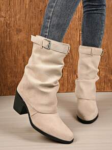 Sepatu Bot Ankle Ujung Persegi Modis, Sepatu Bot Denim Wanita Kasual Serbaguna, Hak Tebal, Gesper Sabuk, Berkerut, Bertumpuk - Krem - View 3