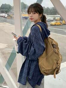 2025 Plaid Print Fashionable Casual Women Long Sleeve Button Up Hooded Shirt Spring - Navy Blue - View 3