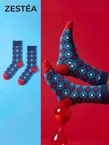 1 Pair Unisex Blue & Red Colorblock Vintage Geometric Pattern Breathable Retro Mid-Calf Socks, Suitable For Daily Wear - Multicolor - View 1