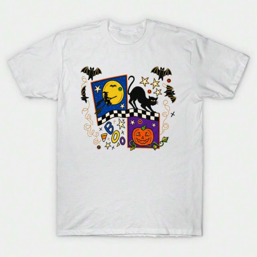 Unisex-Summer/Autumn T-Shirts - Pumpkin Ghost Black Cat Fall Graphic T-Shirt-Streetwear,Y2k,Herren,Pasha Style,Herbst Outfit,Essentials,Baumwolle Herr - White - View 1