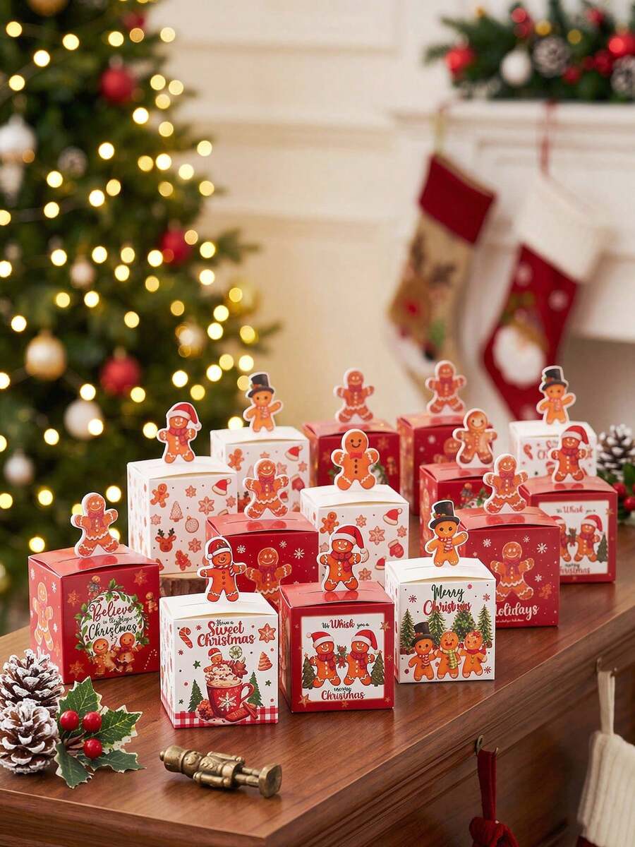 1/24pcs Christmas Gingerbread Man Candy Gift Box Random Style, 3D Gingerbread Man Top Card Design, Chocolate Cookie Packaging Box, Christmas Party Favor, Christmas Gift Packaging Box, Holiday Tabletop Decor - Multicolor - View 1