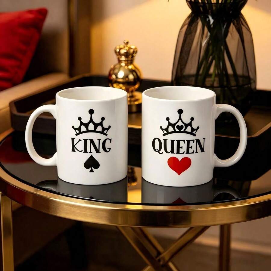 1 Pair 11oz King & Queen Crown Poker Pattern Ceramic Coffee Mugs ...