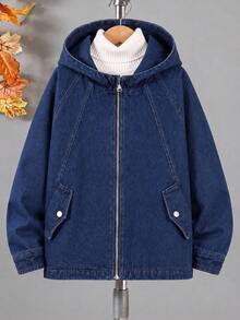 Tween Boy Casual Fashion College Streetwear Open Front Hooded Thermal Lined Patchwork Jacket, Autumn/Winter - Navy Blue - View 4