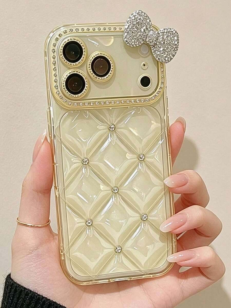 Cute Bow Transparent Diamond Pattern Phone Case, Compatible With IPhone 17 Pro Max 16 17e 13 14 15 16e 17e - Yellow - View 1