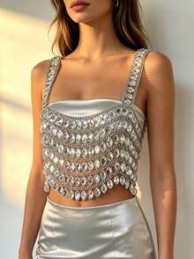 ZHENGHEN Black Beaded Spaghetti Strap Camisole - Sexy Party Body Jewelry - White - View 4