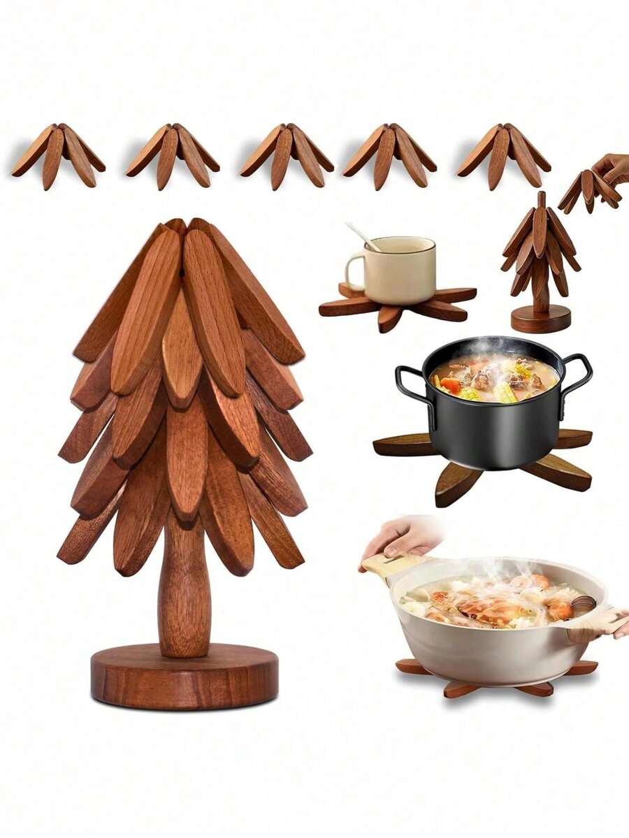 1 Set Walnut Wood Tree-Shaped Heat-Insulating Mat Set - Natural Tree-Shaped Heat-Insulating Mat Combination - 5 Wooden Heat-Insulating Mats With 1 Storage Rack, Foldable Kitchen Wooden Heat-Insulating Mat, Suitable For Hot Dishes, Pots, Bowls, Teapots, Etc., With Heat Insulation And Anti-Scalding Functions, Ideal Choice For Pot Mats, Coasters, Clay Pot Mats. Tree-Shaped Design, Home Heat-Resistant Table Mat, High-Quality Coaster, Modern Minimalist Table Mat, Also Suitable As Christmas Gift. - View 1