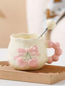 1pc Vintage Cherry Ceramic Mug, Embossed Tea Cup Halloween Mug With 3D Embossed Bow Design And Ribbon - Heat Insulated, Suitable For Office And Home Use, Perfect Gift Choice For Couples - Multicolor - View 2