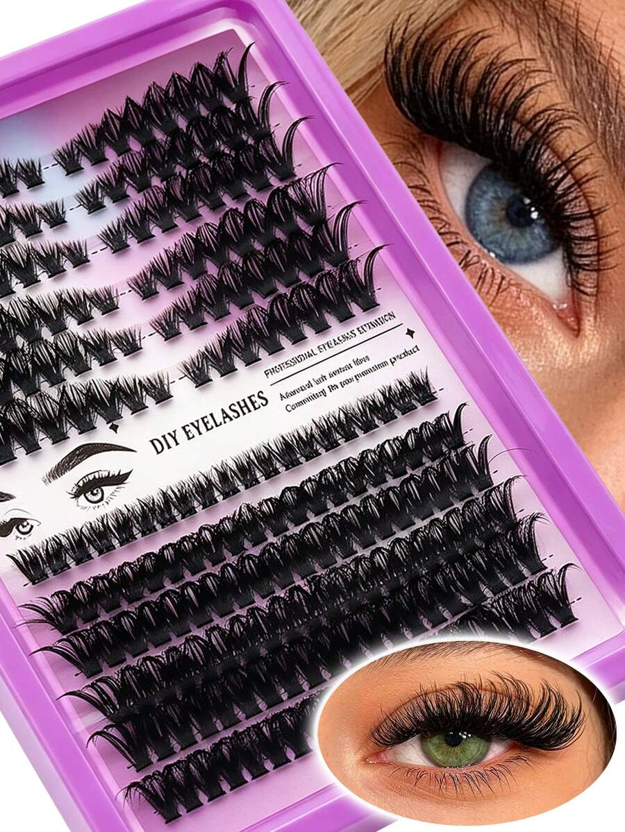12-Row Purple D-Curl Eyelash Clusters, 80D Mixed DIY Lash Extensions, Fluffy High-Capacity Segmented Single Clusters, Exaggerated Voluminous Clump Lashes, Suitable For Enlarging Eyes, Home, Party, Stage Makeup