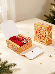 Christmas Gingerbread Flip-Top Gift Box With Bow, 4.53" X 4.53" X 2.36" Paper Gift Box, Christmas Candy Cookie Jewelry Holiday Party Favor Packaging Box - View 5