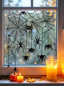 1 Conjunto de Adesivos Decorativos de Teia de Aranha e Aranha de Desenho Animado de Halloween, Material PVC Autoadesivo Removível, Adequado para Quarto, Parede e Decoração Doméstica, Bem como Decoração de Festa de Halloween - 1 YEAR - Visão 2