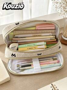 Cute Bow Pattern Corduroy Pencil Case, Large Capacity Double Layer Zipper Pen Pouch With Organizer Slots, Portable Stationery And Cosmetic Storage Bag For School, Office And Travel - Bow-tie Style - View 2