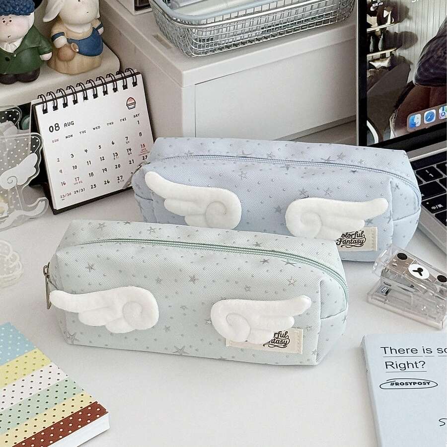 Cute 3D Wing Decor Star Pattern Pencil Pouch, Zipper Canvas Stationery Storage Bag, Back‑To‑School Supplies For School Girls - Star Pencil Case - View 1