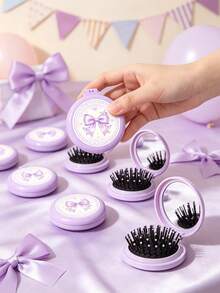 12/6/1pc Purple Lace Bow Print Sticker Style Mini Folding Air Cushion Mirror Comb, Portable Round Hair Brush With Massage Scalp Head, Ideal Party Favor Gift For Gender Reveal Party, Baby Shower Party, Guest Return Gift - Multicolor - View 4