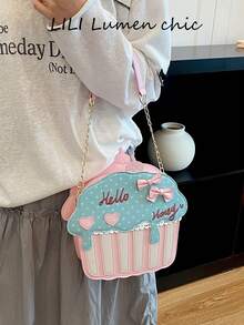 Shoulder Bag, Cupcake 3D Shape Polka Dot Print Bow Accessory Heart Patch Letter Embroidery Cream Drip Design Chain Splicing Adjustable Crossbody Strap Flap Snap Closure Lolita Style Cartoon Asymmetrical Shape Bag Sweet Girl Fun Small Bag - Pink - View 5