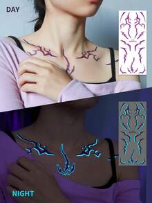 2Sheets Halloween Luminous Temporary Tattoos - Waterproof Blue Lightning & Vein Back Full Arm&Face&Body Art Stickers For Halloween Cosplay & Party Festival Tattoos - Purple - View 6