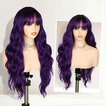 Purple Wig With Bangs Ombre With Dark Roots Heat Resistant Synthetic Wavy Curly Hair For Cosplay Women Daily Party Use 26 Inches - Purple - View 5