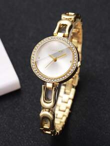 Women's Bracelet Watch, Round Dial With Rhinestones, Simple Scale, Elegant Quartz Watch, Gift For Girlfriend (1pc/Set), Watch Box Not Included - Gold - View 7